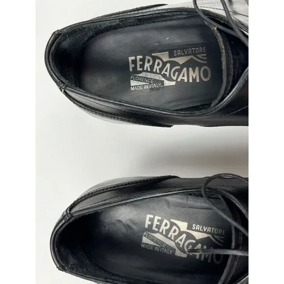 Salvatore Ferragamo Round Toe Derby Mens‎ 8.5 D Black Leather Dress Shoes Oxford